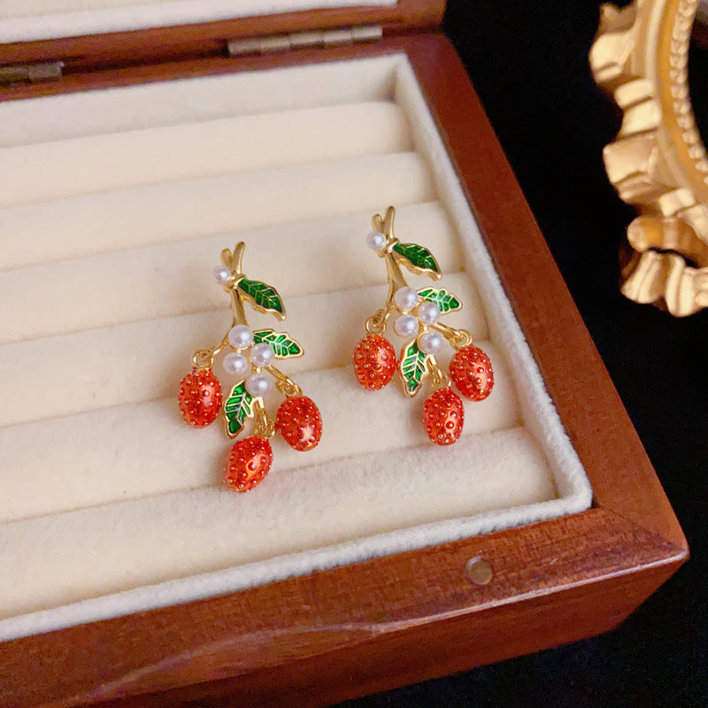 Elegant Leaf Pearl & Red Fruit Drop Gold Earrings – Geometric Design