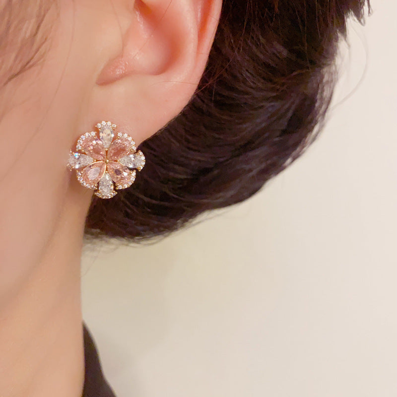 14K Gold Full-Zircon Crystal Petal Stud Earrings – S925 Silver Needle