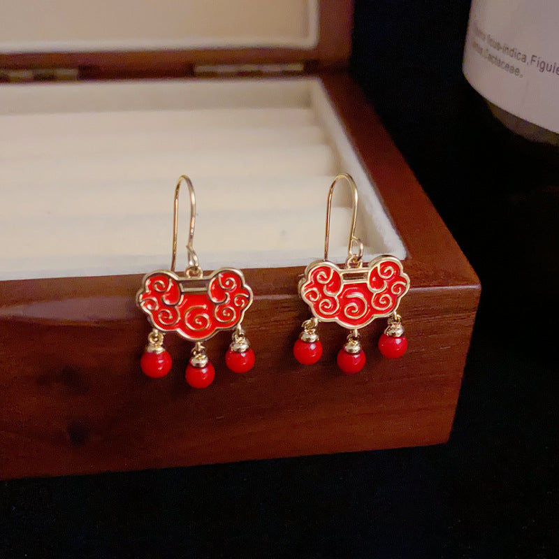 14K Gold-Plated Red Peace Lock Tassel Earrings - Festive Design
