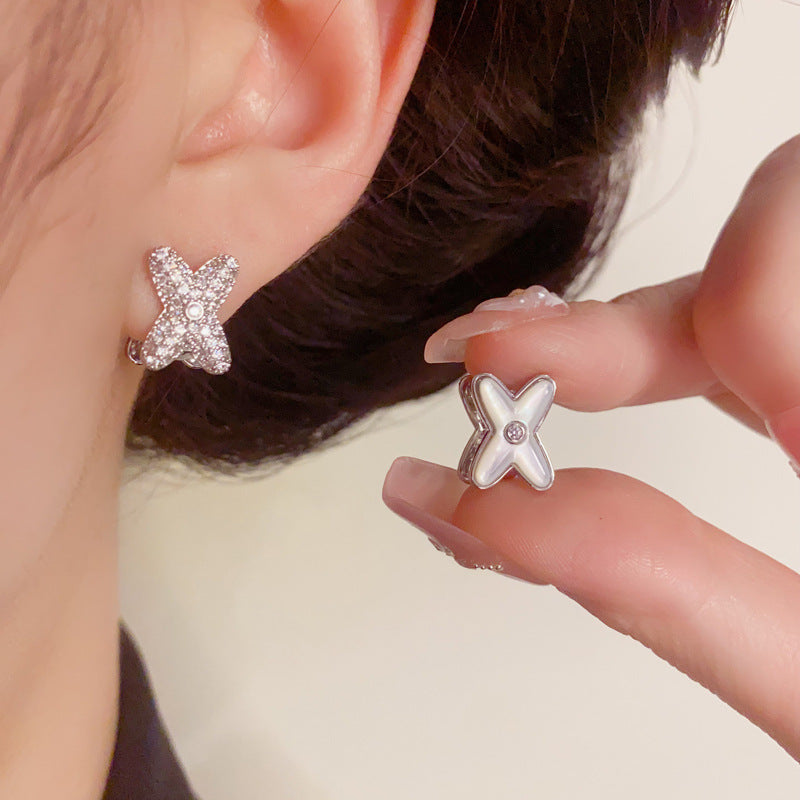 14K Gold Zircon & Mother-of-Pearl Cross Earrings – Elegant Design