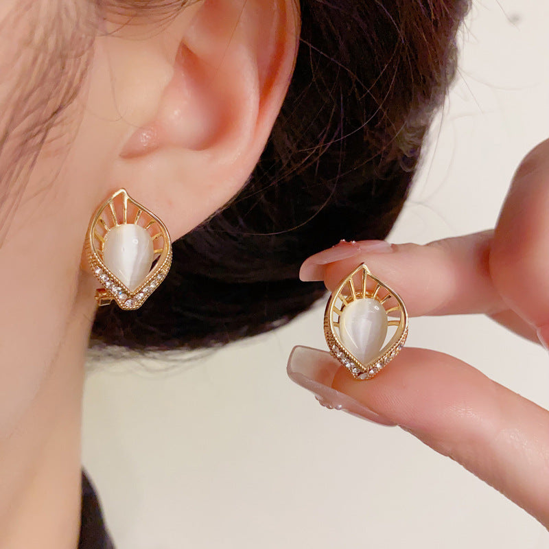 14K Gold Plated Hollow Leaf Stud Earrings – Cat Eye Stone Korean Style