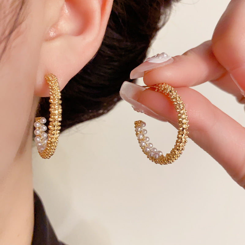 14K Gold Crushed Silver Pearl Hoop Earrings- Chic Minimalist Design
