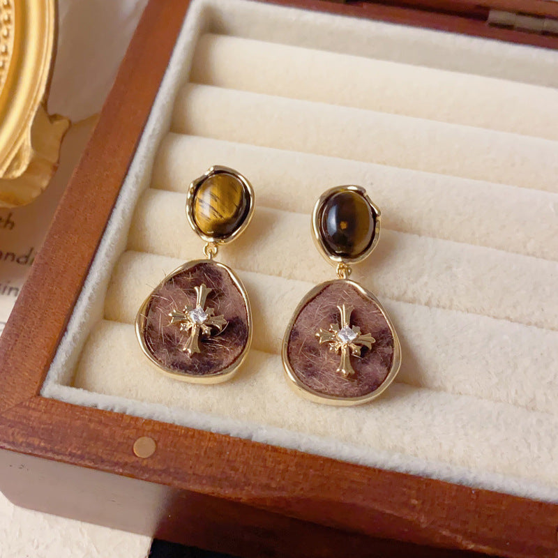 Elegant Tiger’s Eye Leopard Geometric Drop Earrings – French Design