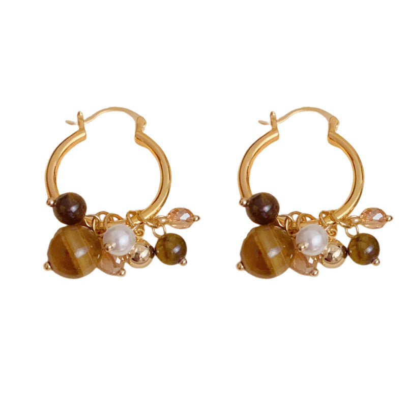 Elegant Tiger's Eye Bead Tassel Hoop Earrings – Geometric Design