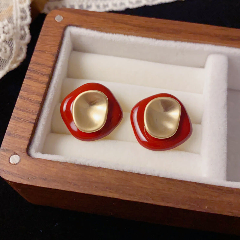 Luxury Red Enamel Irregular Stud Earrings – Elegant Retro Design