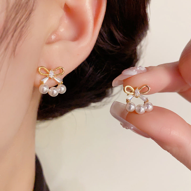 14K Gold-Plated Bow Pearl Stud Earrings – French Elegance Design