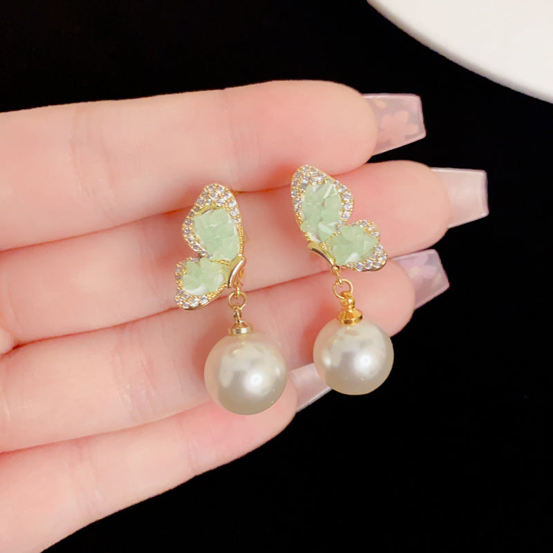 Eaioncol Butterfly Crystal Pearl Drop Earrings Gold