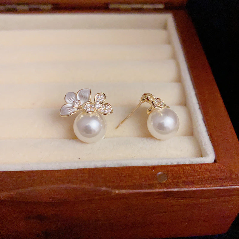 14K Gold-Plated White Enamel Flower Pearl Stud Earrings – Chic Design