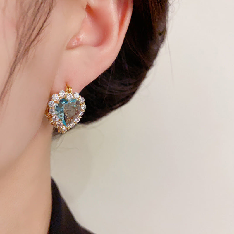 14K Gold Blue Zircon Double Heart Earrings - Chic Elegance Design