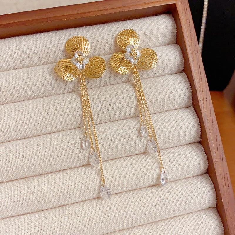 Elegant Hollow Metal Petal Tassel Drop Earrings – Long Fringe Design