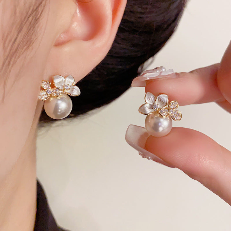 14K Gold-Plated White Enamel Flower Pearl Stud Earrings – Chic Design