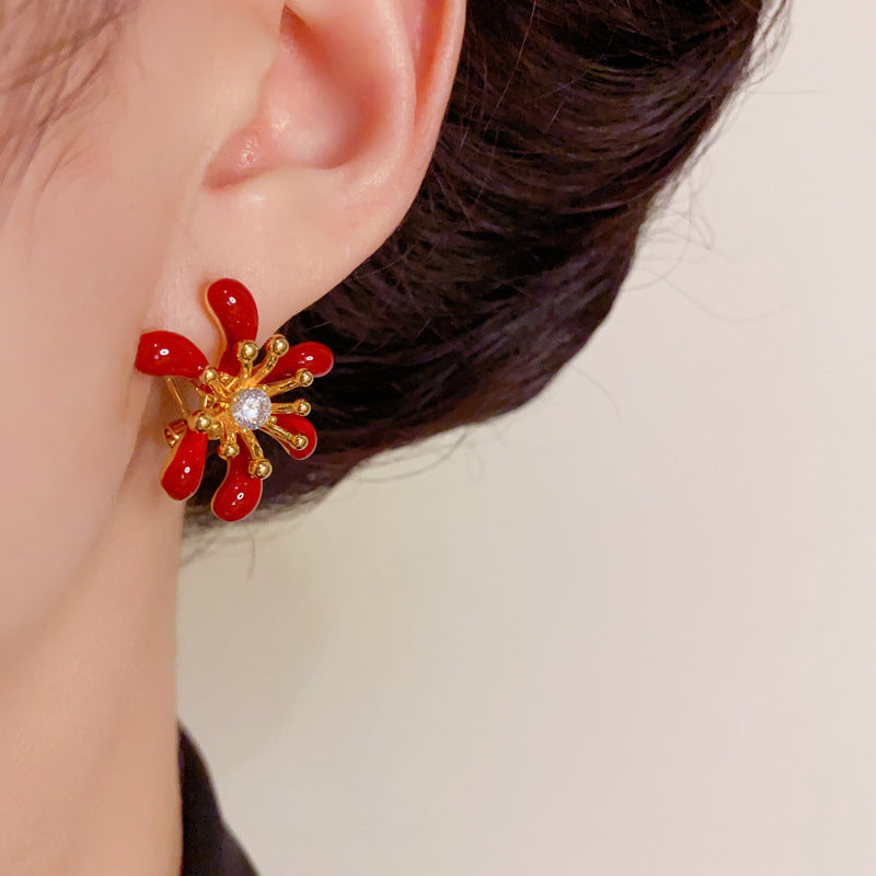 Luxury Zircon Red Firework Earrings – Elegant Floral Design