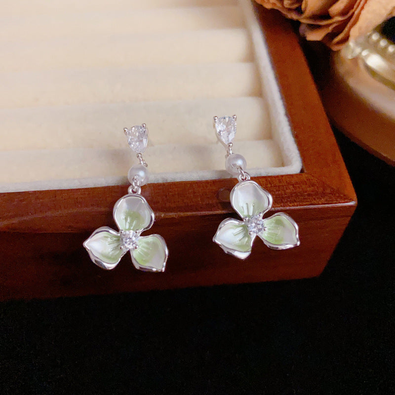 S925 Silver Luxury Gradient Green Petal Drop Earrings – Floral Design
