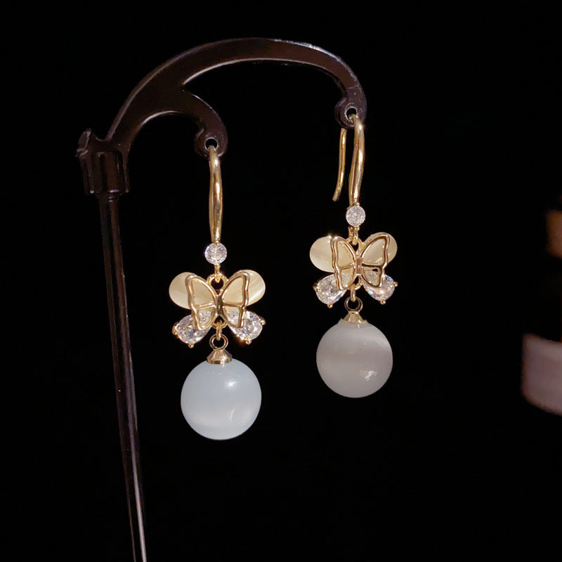 14K Gold-Plated Butterfly Cat’s Eye Stone Drop Earrings – Elegant Chic