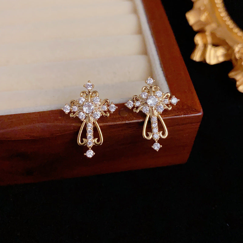 Elegant Full-Zircon Cross Stud Earrings – Geometric Design