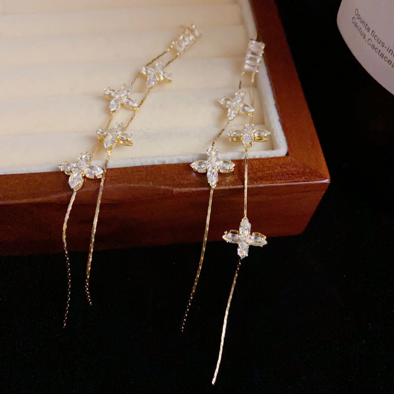 14K Gold Full Zircon Clover Tassel Drop Earrings- Chic Elegance Design