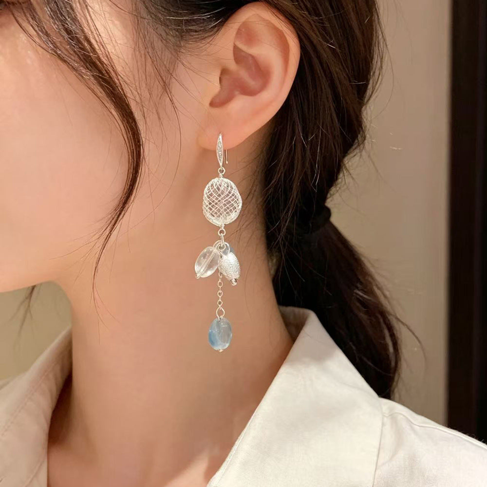 Eaioncol Korean Mesh Bead Tassel Ear Hooks Silver
