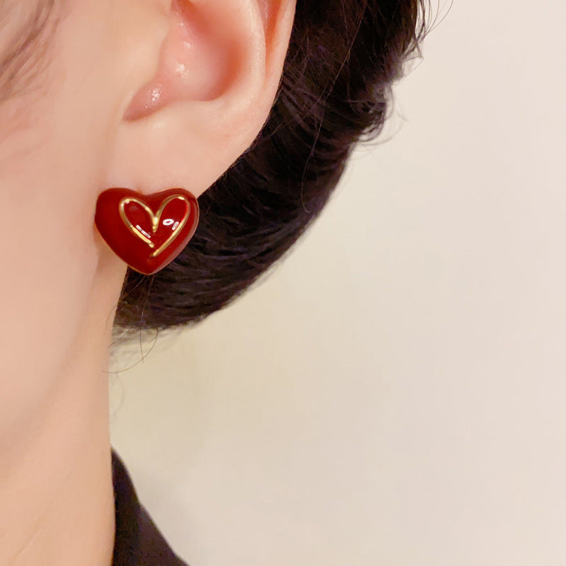 Elegant Red Letter Asymmetric Heart Stud Earrings – Geometric Design