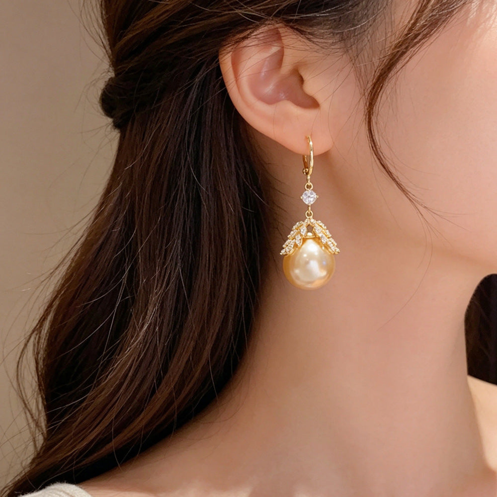 Eaioncol Leaf Pearl CZ Tassel Drop Earrings Gold