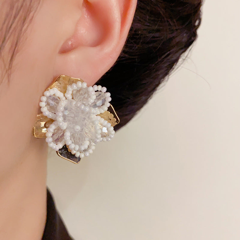 Luxury Beaded Crystal & Petal Stud Flower Earrings – Elegant Design