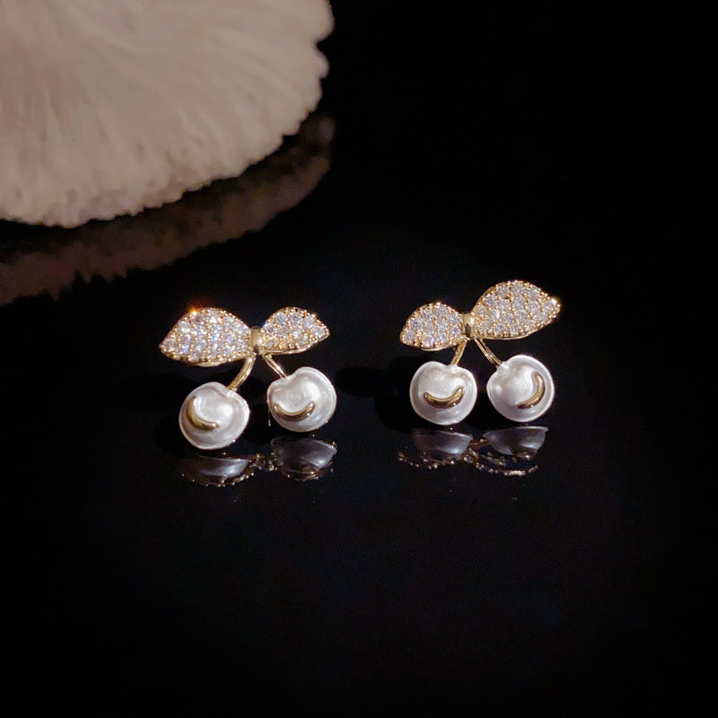 14K Gold Minimalist Zircon&Pearl Cherry Stud Earrings – Elegant Design