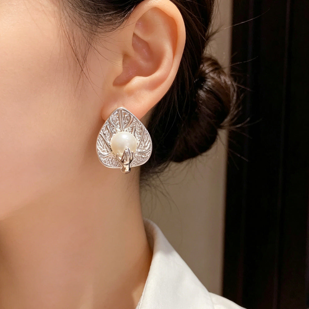 Eaioncol Leaf Pearl Stud Earrings 14K Gold & Silver Plated