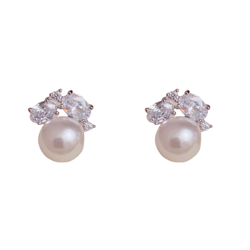 14K Gold Geometric Full-Zircon & Pearl Stud Earrings – French Design