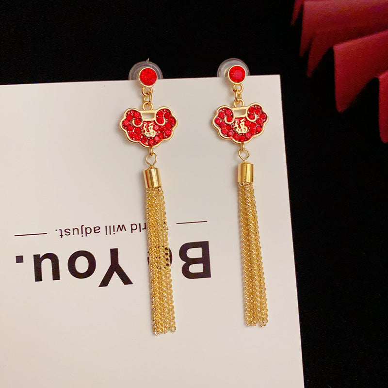 14K Gold-Plated Red Fu Peace Lock Diamond Long Tassel Earrings