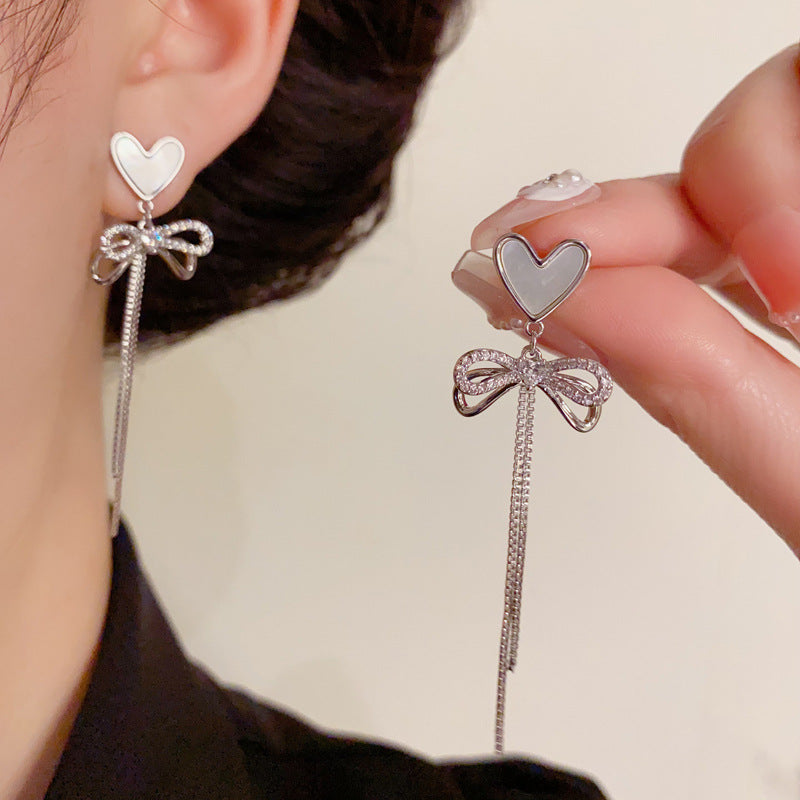 14K Gold Shell Heart Bow Tassel Drop Earrings - Chic Elegance Design