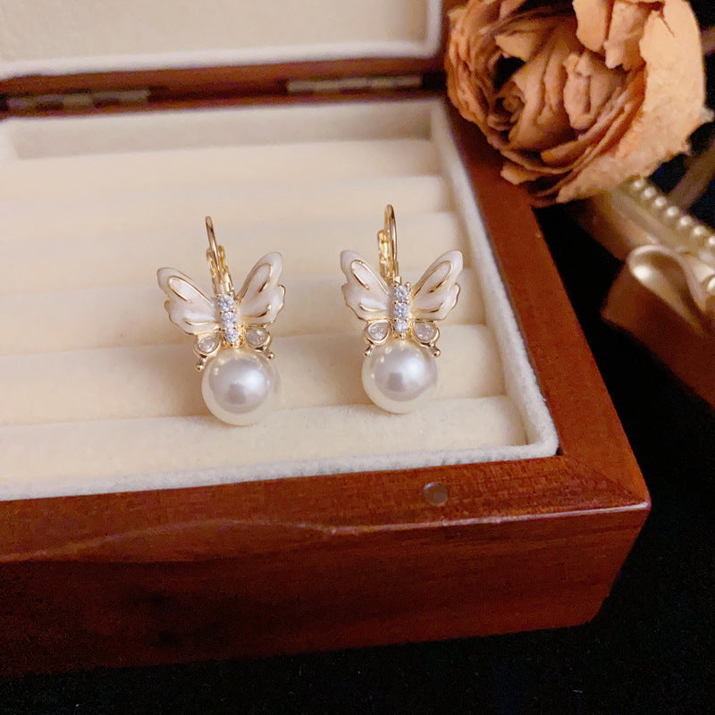 14K Gold Elegant Butterfly & Pearl Earrings – S925 Silver Needle