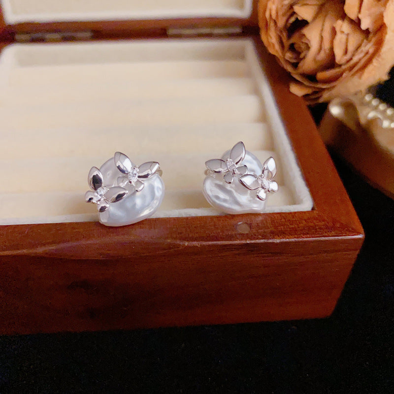 Elegant Thick Silver Butterfly & Heart Stud Earrings – Silver Needle