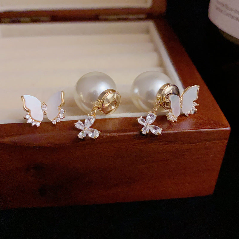 14K Gold Shell Butterfly Pearl Drop Earrings – Sweet Elegant Design