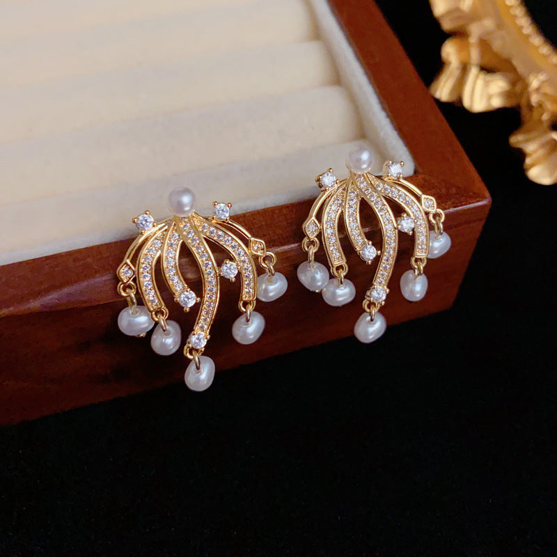 Elegant Zircon Firework & Pearl Stud Gold Earrings – Geometric Design