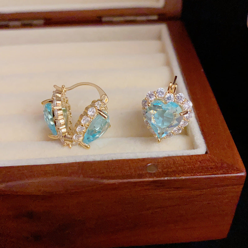 14K Gold Blue Zircon Double Heart Earrings - Chic Elegance Design