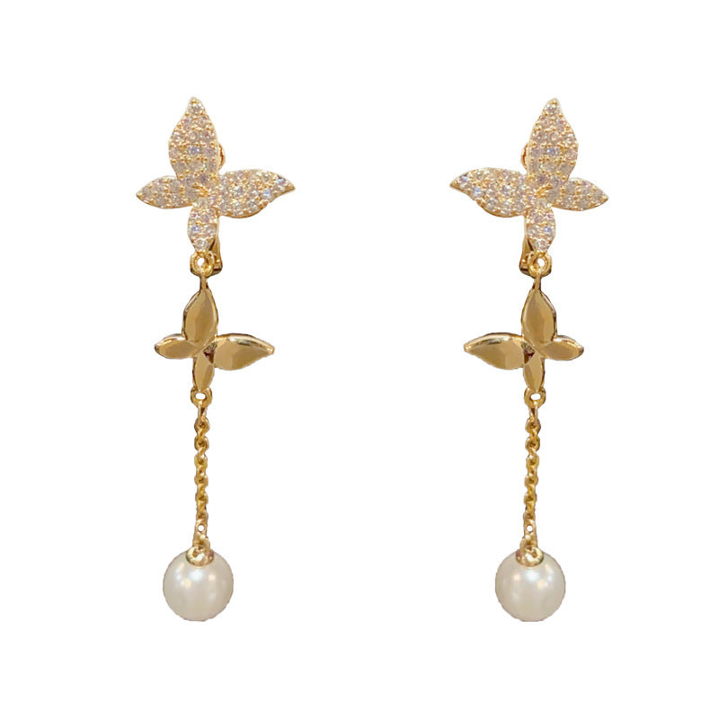 14K Gold Zircon Butterfly Tassel Ear Clip - Chic Elegance Design