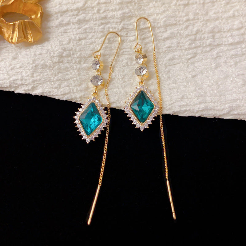 Luxury Full-Zircon Rhombus Tassel Threader Earrings – Elegant Design