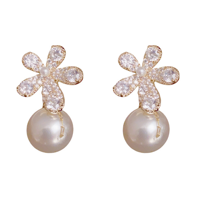 14K Gold-Plated Full Zircon Flower Pearl Earrings – Dual-Wear Design