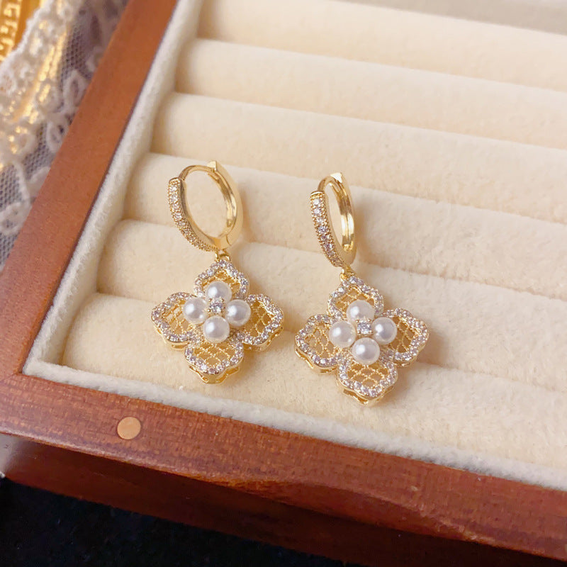 Elegant Zircon Hollow Pearl Petal Earrings – French Floral Design