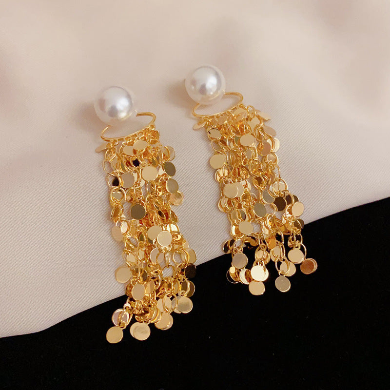 14K Gold Statement Metal Disc Tassel Drop Earrings – Elegant Design