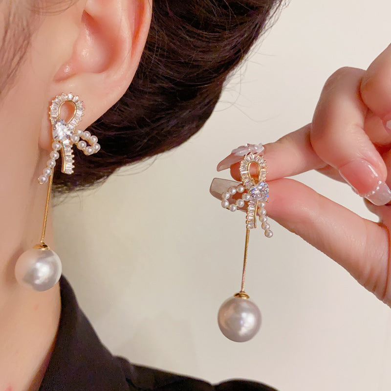 Luxury Zircon Pearl Bow Dual-Wear Tassel Drop Earrings– Elegant Design