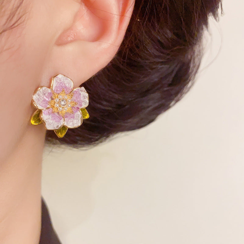 14K Gold Crystal Camellia Stud Earrings – S925 Silver Needle