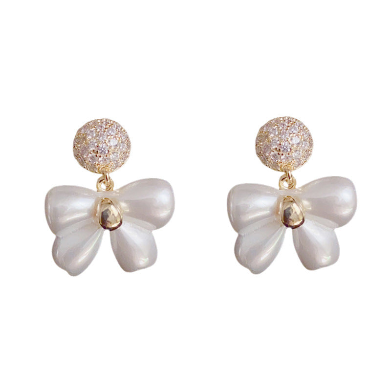 14K Gold Bow & Rhinestone Circle Drop Earrings – Elegant Chic Design