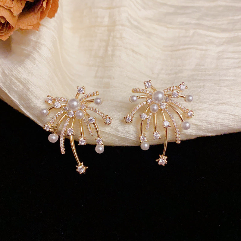 Luxury Full-Zircon & Pearl Firework Gold Earrings – Floral Design