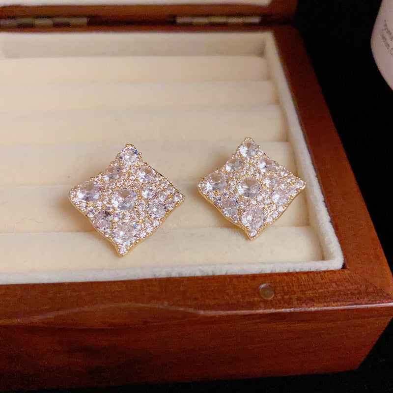 14K Gold Full Zircon Rhombus Stud Earrings- Chic Elegance Design
