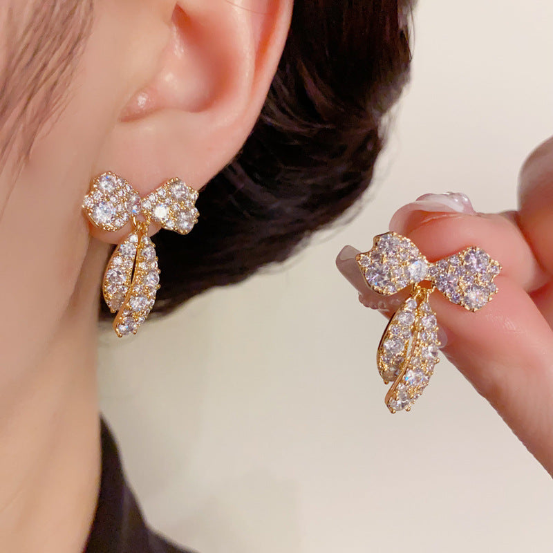 14K Gold-Plated Full Zircon Bow Drop Earrings –Delicate Sparkle Design