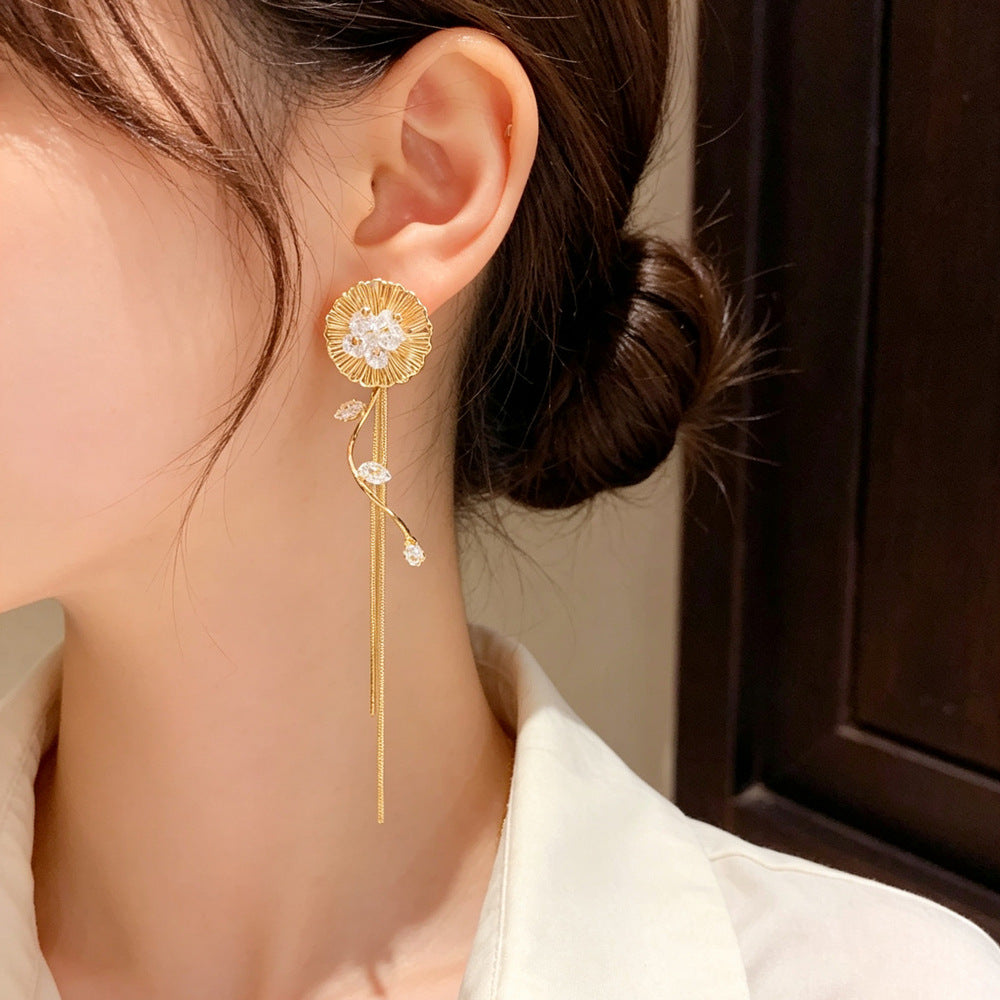 Eaioncol CZ Petal Tassel Drop Earrings 14K Gold Plated