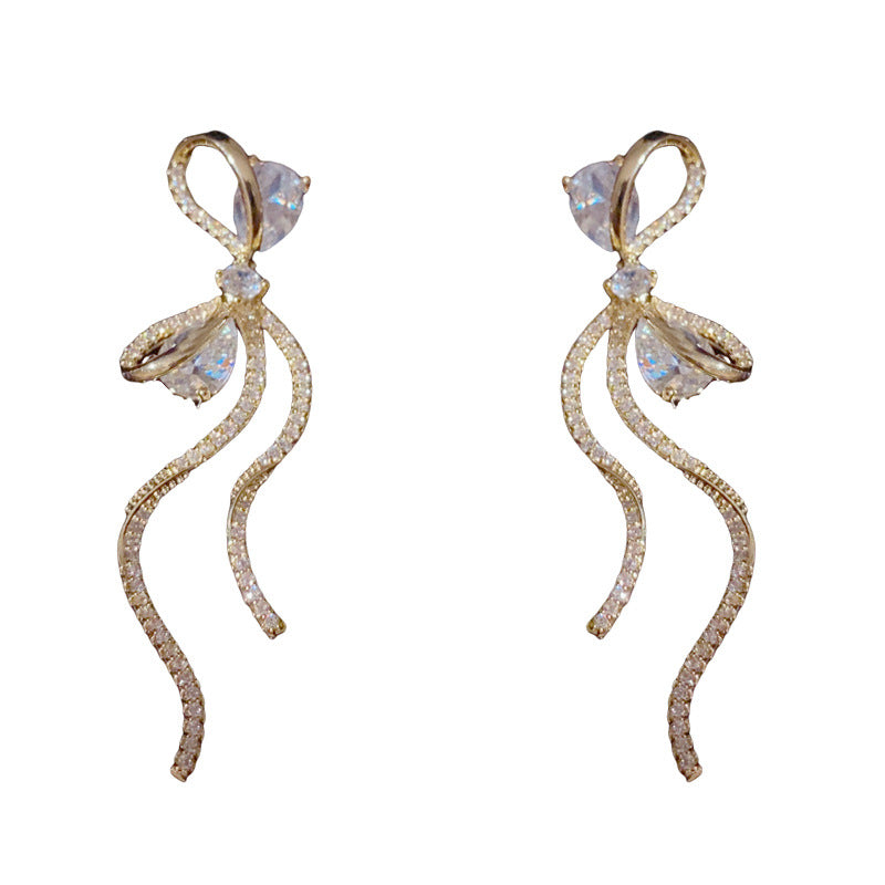 14K Gold Full-Diamond Butterfly Bow L Tassel Earrings – Elegant Design