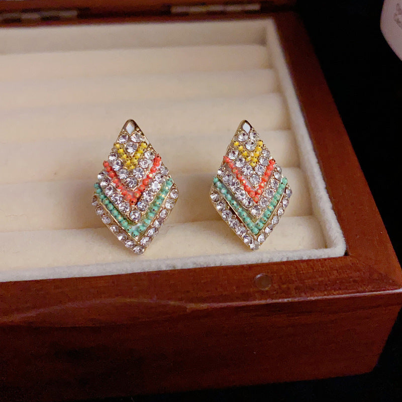 14K Gold-Plated Full Zircon Rhombus Stud Earrings – Geometric Design