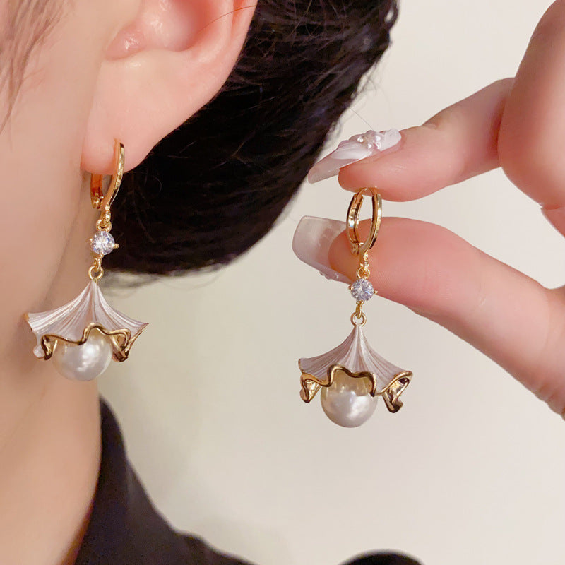 Luxury Light-Coated Petal & Pearl Drop Gold Earrings – Floral Design
