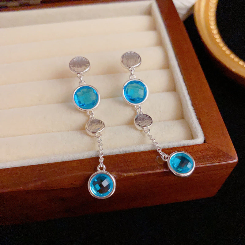 Elegant Blue Crystal Long Tassel Drop Earrings – Geometric Design